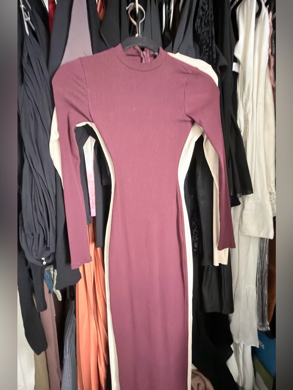 Long Sleeve naked wardrobe Ribbed Bodycon Dress in maroon